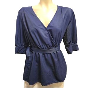 UNBRANDED Silky Navy Wrap Blouse V Neck Banded Poof‎ Half Sleeve Size XLarge